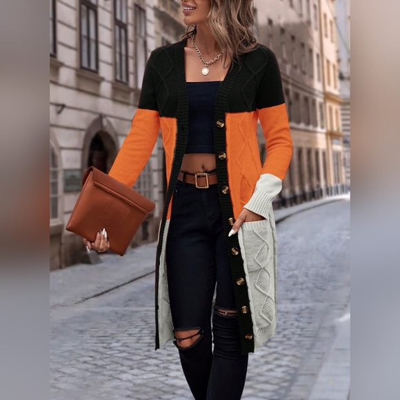 Color Block Dual Pocket Button Front Cardigan - Picture 1 of 4